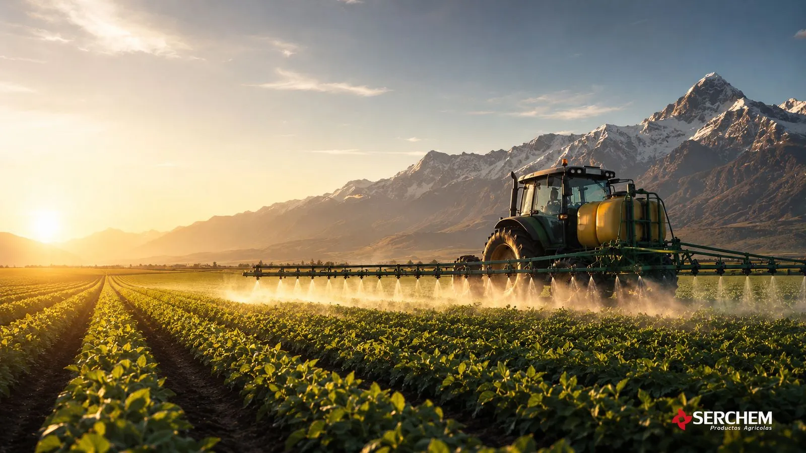 Tractor aplicando fertilizante foliar al atardecer